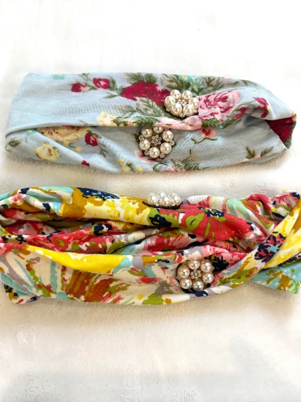 Set of 2 Boho Floral Patterned Pearl Rhinestone Rear Twist Knot Headbands